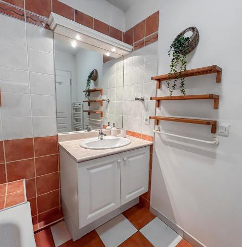 une salle de bain avec un lavabo et un miroir dans l'établissement Maison avec terrasse, jardin à 20mn Montpellier, à Saint-Clément-de-Rivière