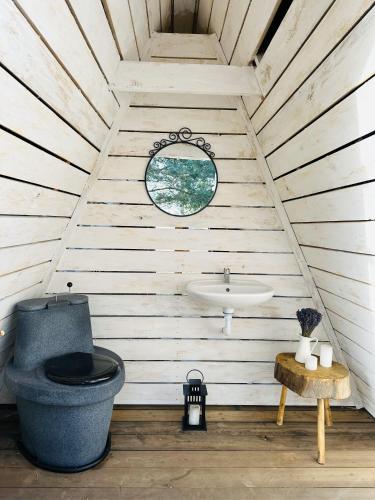 a bathroom with a toilet and a sink at Briedžio sapnas in Sudervė
