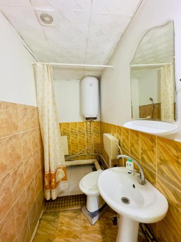 a bathroom with a sink and a toilet and a mirror at Casa Pitaru in Calafat