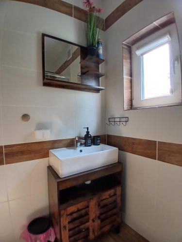 a bathroom with a sink and a mirror at Domki pod szybowiskiem in Lesko