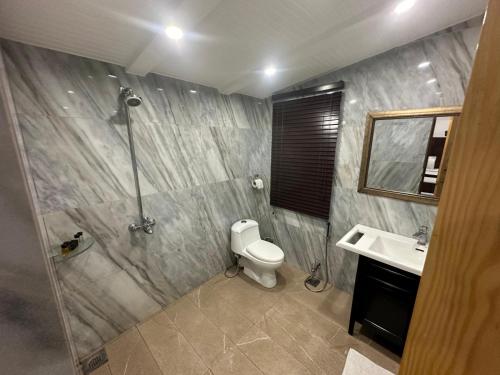 a bathroom with a shower and a toilet and a sink at Lawrence View Hotel, Lahore in Lahore