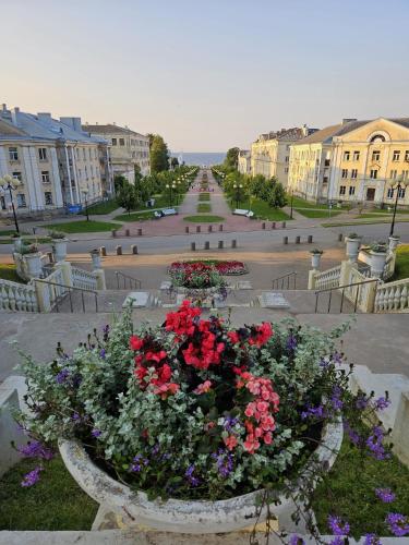 シラマエにあるKeskuse rahuの花と建物のある公園の景色