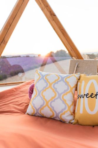 - un lit avec des oreillers et une fenêtre dans l'établissement La bulle ico, à Valensole