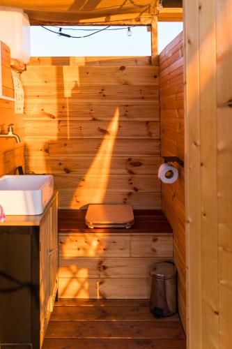 La salle de bains en bois est pourvue d'un lavabo et de toilettes. dans l'établissement La bulle ico, à Valensole