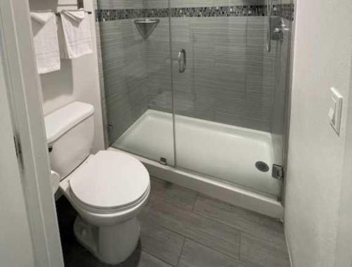 a bathroom with a toilet and a glass shower at Hotel O Talegaon MIDC Formerly Goodluck Lodge in Pune