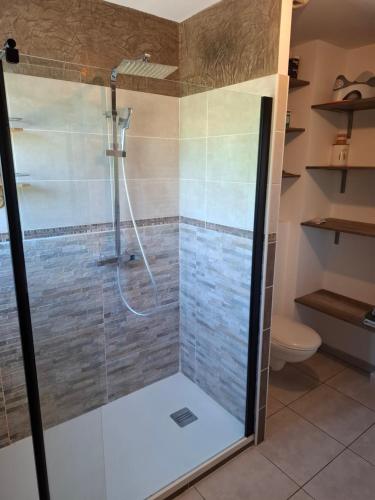 une douche avec une porte vitrée dans une salle de bain dans l'établissement Charmante maison au cœur de Valergues avec piscine, à Valergues