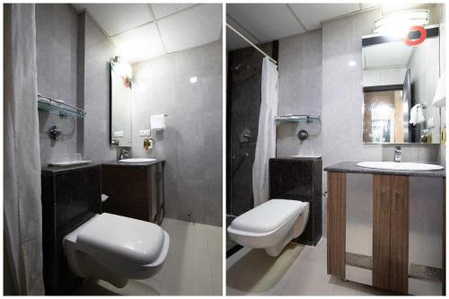 two pictures of a bathroom with a toilet and a sink at Townhouse Oak Nani Daman in Daman
