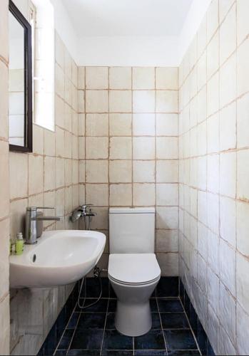 a bathroom with a white toilet and a sink at Villa Vathi in Vathí
