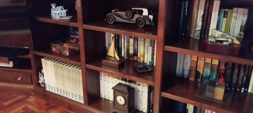 een boekenplank vol boeken en een speelgoedauto bij El Ático de Frida in Vigo