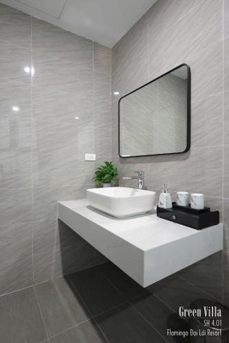 a bathroom with a white sink and a mirror at Green Villa 5 phòng ngủ ở Flamingo Đại Lải Resort in Phúc Yên