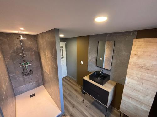 un bagno con lavandino e specchio di Le Sadal a La Celle-sous-Gouzon
