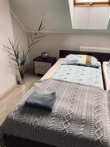 a bedroom with a bed with a pillow on it at Kamienica pod Rakiem in Żmigród