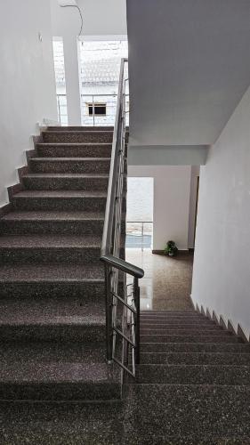 a staircase with a metal railing in a building at Hearth and Haven Homestay in Leh