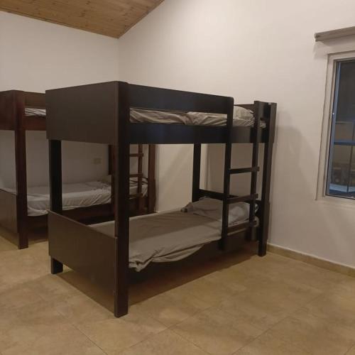 two bunk beds in a room with a window at Chalet Adam- Ajloun شاليه ادم in Ajloun