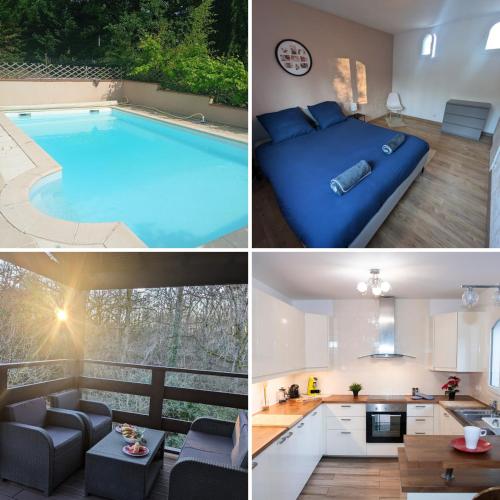 un collage de photos d'une maison avec une piscine dans l'établissement Maison T5 -Les reflets du lac - Terrasse -Piscine, à Aussonne