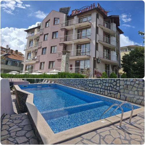 a hotel with a swimming pool in front of a building at Family hotel Favourite in Obzor