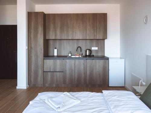 a bedroom with a bed and a sink and a kitchen at Luxury Apartments Danube in Golubac