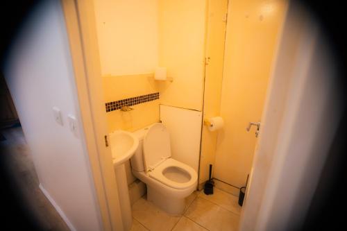 a small bathroom with a toilet and a sink at Newly Renovated EnSuite Room in London