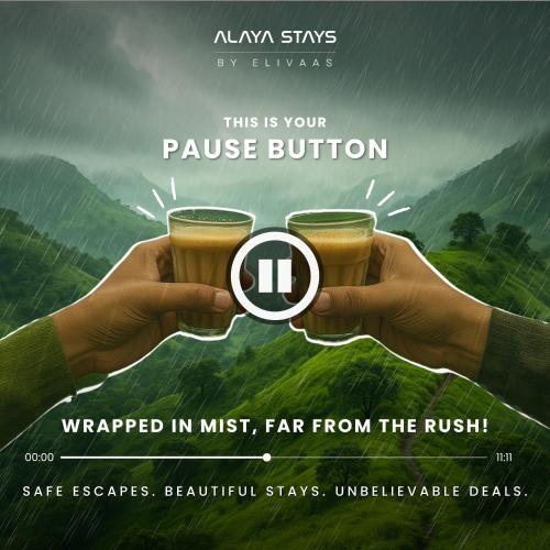 two hands holding two cups of coffee in the rain at Alaya Stays Duplex Cottage with Tree House - Suro Woodcrest Chalet in Shogi