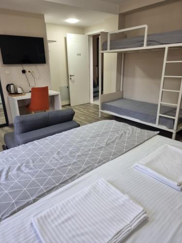 a room with two beds and a couch and a tv at Picasso in Shekvetili