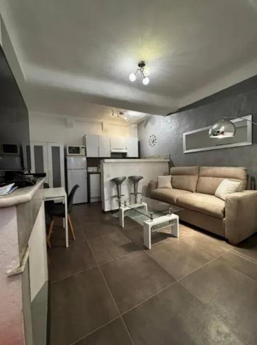 un salon avec un canapé et une cuisine dans l'établissement Appartement moderne à Cannes, 45 m², proche des plages, à Cannes