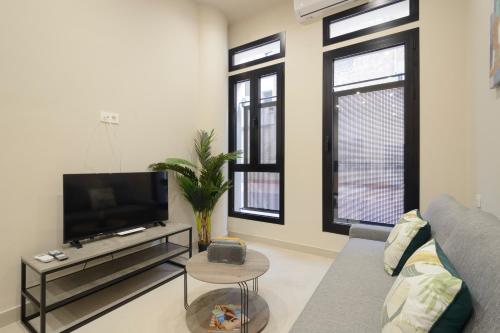 a living room with a couch and a flat screen tv at Apartamentos Constitución in Granada