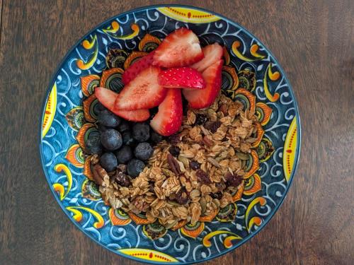a plate of granola and fruit on a table at Aelybryn in Llangwyryfon