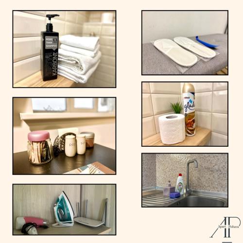 a collage of pictures of towels and a sink at ApartPoltava НОВА ексклюзивна мансарда з виходом на дах в ЦЕНТРІ міста in Poltava