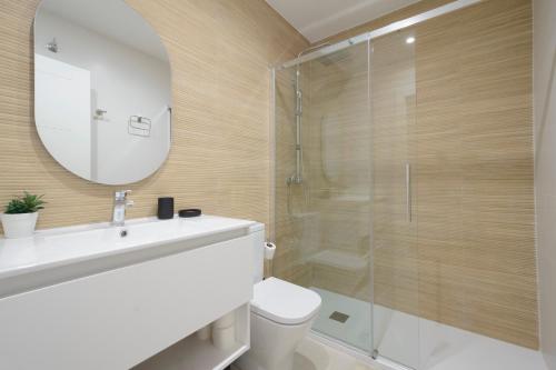 a bathroom with a toilet and a sink and a shower at Apartamentos Constitución in Granada