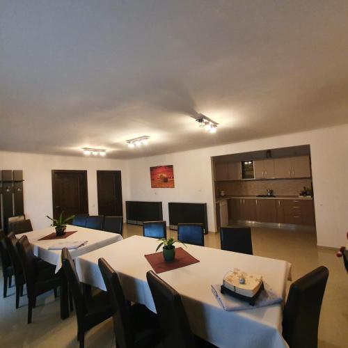 a room with two tables and chairs and a kitchen at Casa HAPPY in Sovata