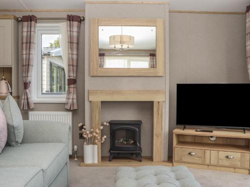 a living room with a television and a fireplace at Maple Lodge in Newton Abbot