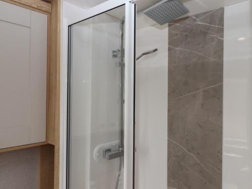 a shower with a glass door in a bathroom at Maple Lodge in Newton Abbot