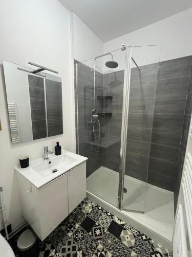 a white bathroom with a shower and a sink at Maison Delavigne in Amiens