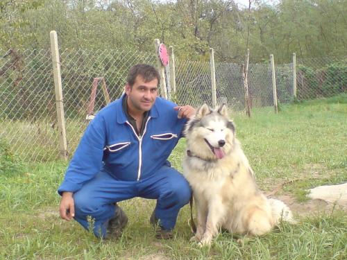 a man kneeling next to a dog in the grass at ХОТЕЛ за кучета Киноложки център СТИФ in Bŭnzareto