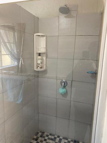 a shower with a glass door in a bathroom at Alabaster Rest in Johannesburg