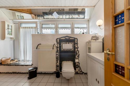 a bathroom with a toilet and a sink at Heimatglück Vulkaneifel in Salm