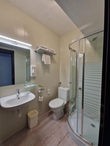 a bathroom with a sink and a toilet and a shower at Medos Hotel in Budapest