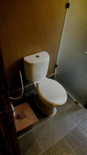 a bathroom with a white toilet in a stall at The Karu Cabin in Penebel