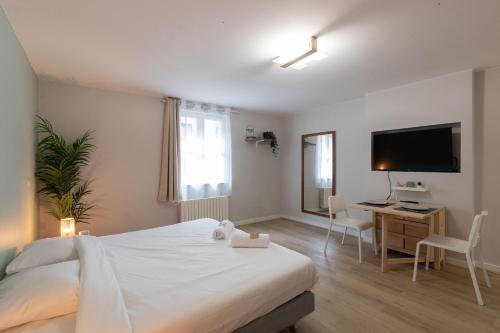 a bedroom with a bed and a desk and a television at Appart'Hotel Tournusien in Tournus