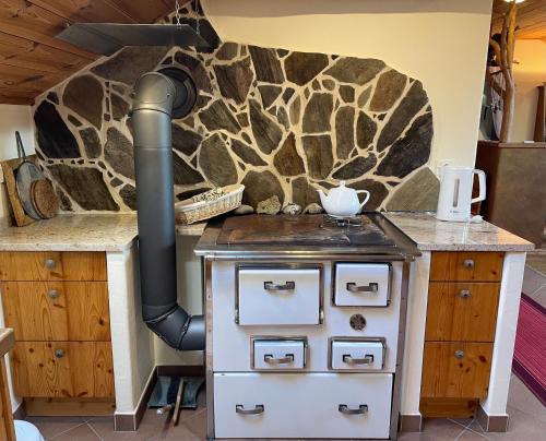 cocina con fogones y pared de piedra en Ferienwohnung 1000 Krauthof, en Laimbach am Ostrong