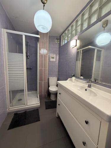 Un baño con lavabo, ducha e inodoro. en Pensión Matilde, en Bilbao