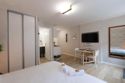 a room with a bed and a desk and a television at Appart'Hotel Tournusien in Tournus