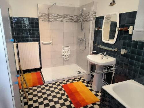 une salle de bain avec une douche et un lavabo et une douche dans l'établissement B&B Chambres d'hôtes Ferme Mahyas, à Saint-Jean-de-Savigny