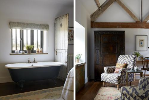 a bathroom with a bath tub and a chair at Artist Residence Oxfordshire in Oxford