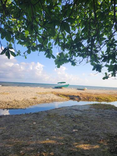 a boat is sitting on the beach near the water at Elegant chalet 2 minutes from the beach Ideal families 