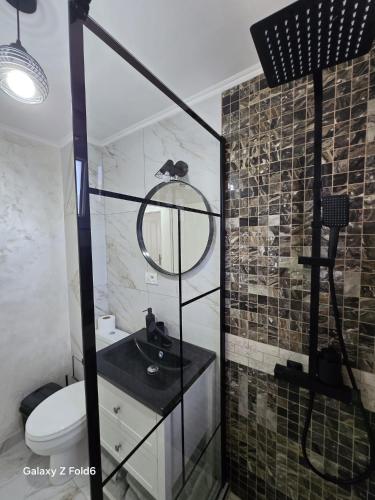 a bathroom with a sink and a toilet and a mirror at David & Matei Residence in Jurilovca
