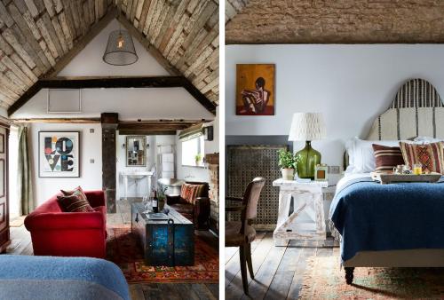 two pictures of a bedroom with a bed and a living room at Artist Residence Oxfordshire in Oxford
