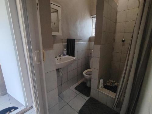 ein kleines Badezimmer mit Toilette und Waschbecken in der Unterkunft Cornelia Place in Sunridge Park