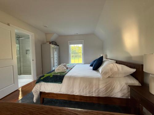 a bedroom with a bed with white sheets and blue pillows at Serenity in White Stone