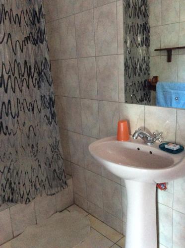 a bathroom with a sink and a shower curtain at Tabonina Guesthouse in Livingstone